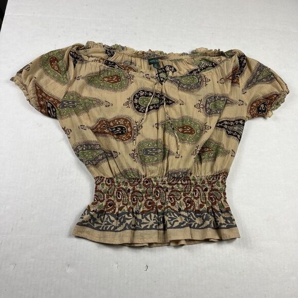 Lauren Ralph Lauren Womens Off Shoulder Boho Smocked Top Paisley Print Beige XS